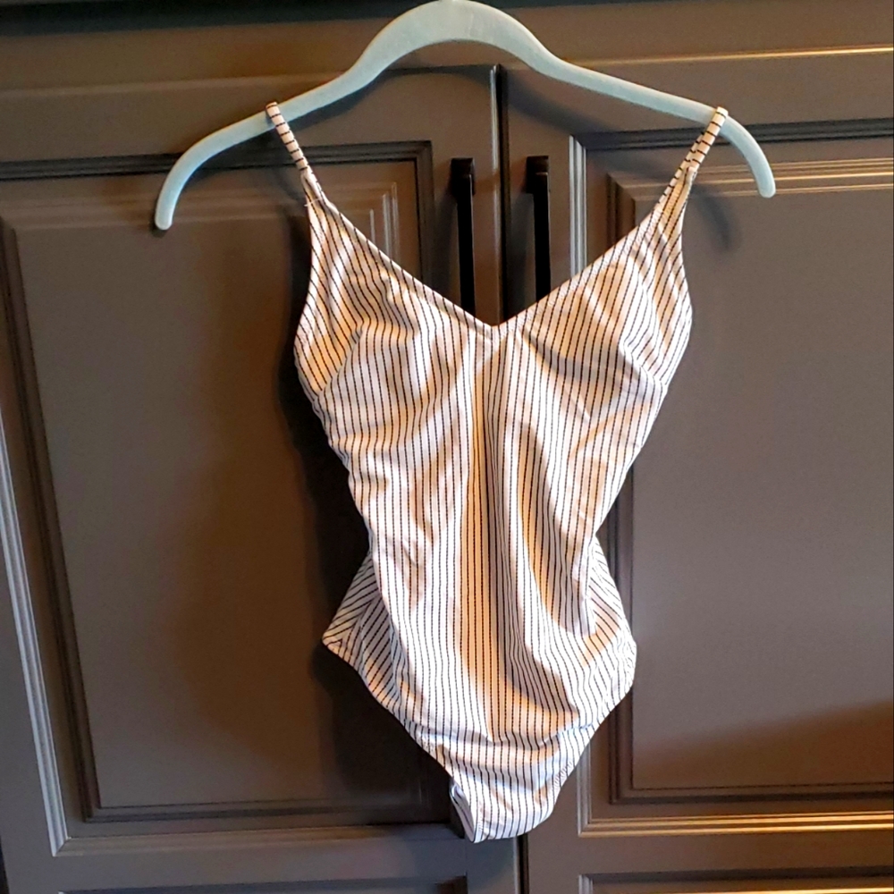 H&M White One-Piece Swimsuit with Black Pinstripes